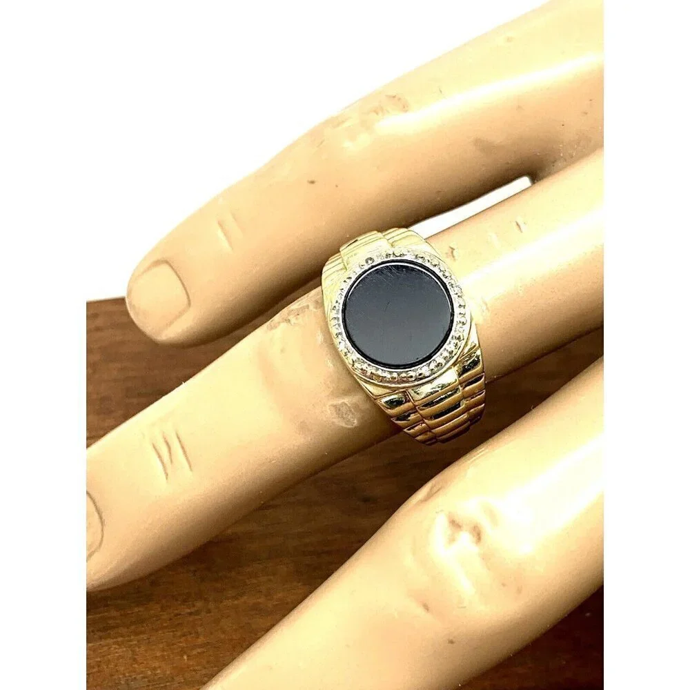 Rolex Style Ring 10k Yellow Gold Diamond Onyx Statement Cocktail Men's S…